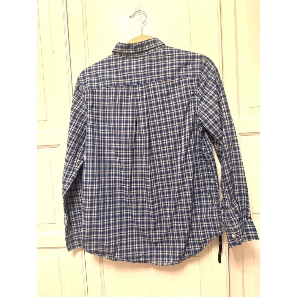 Ralph Lauren Boys Blue White Plaid Button Down Shirt Size L 14-16 Cotton Pony